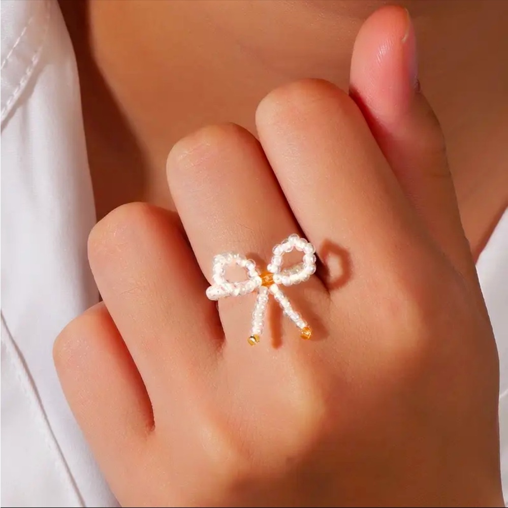 White Coquette Beaded Ribbon Bow Ring 🎀